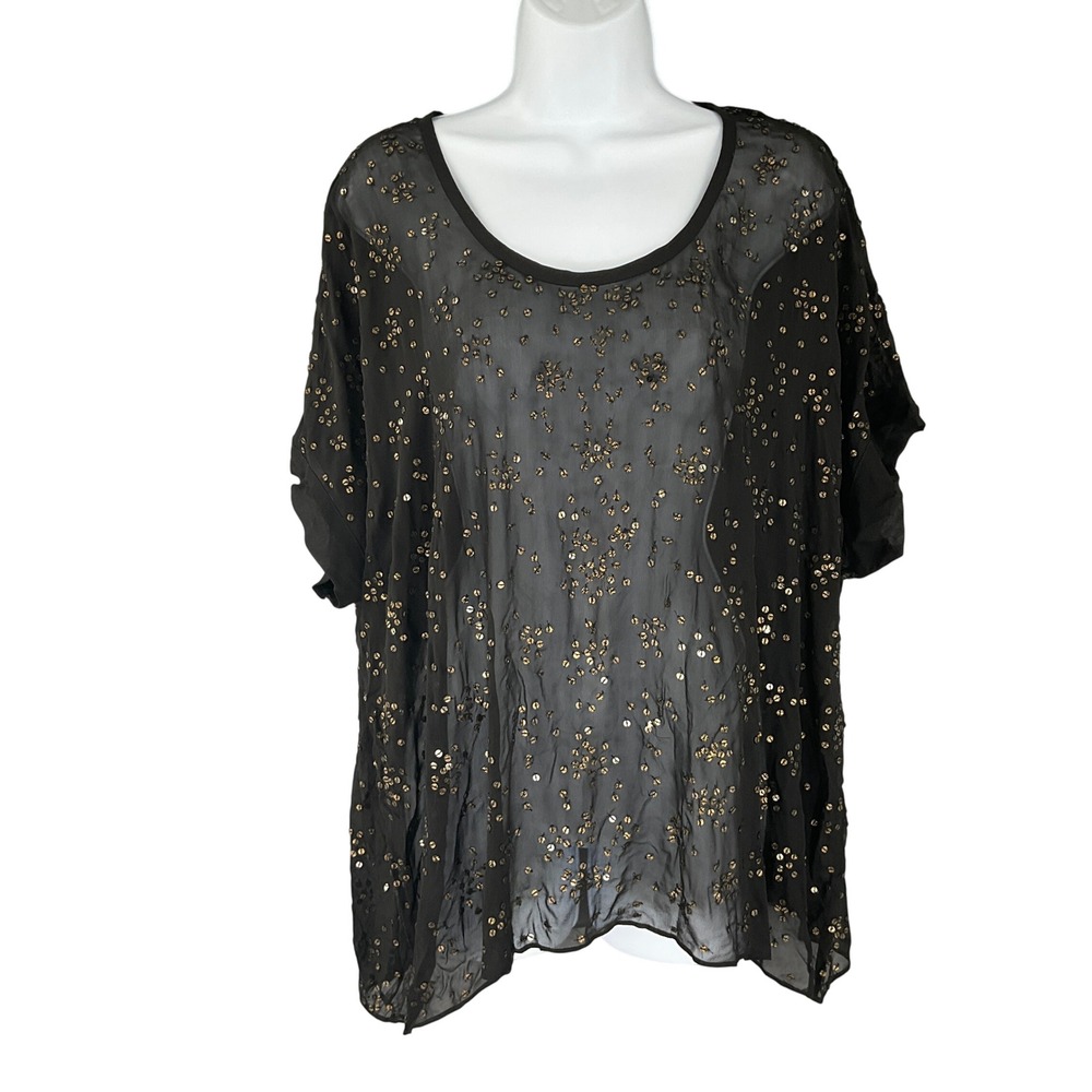 Eileen Fisher Sheer Black Silk Beaded Embellished Top Sz Mβ Party Holiday